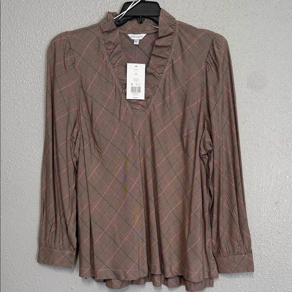Crown & Ivy Brown Plaid Ruffle Blouse! ‼️New with tags!!!